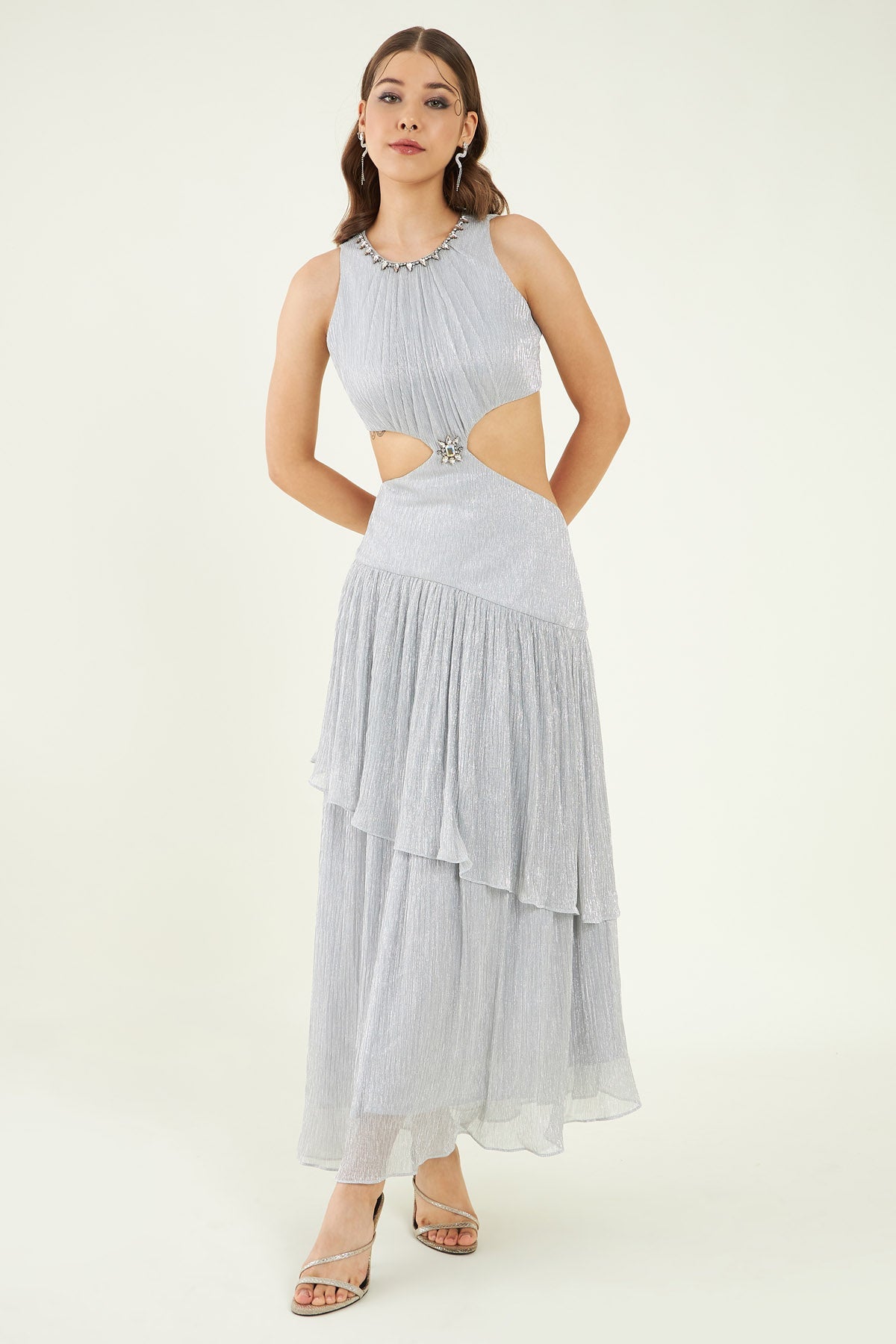 Buy Metallic Silver Tiered Dress Online